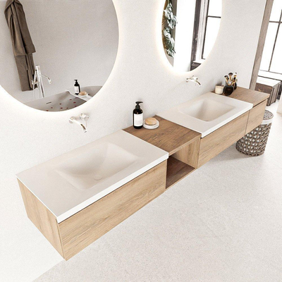 Mondiaz BUKLA badkamermeubelset 240x45x34cm 0 kraangaten 2 wasbakken solid surface Talc greeploos 3 lades met softclose Melamine Washed Oak