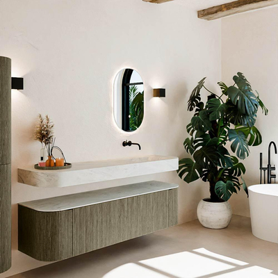 MONDIAZ THOR-DLUX 170cm meuble de salle de bains arrondi gauche + droite couleur Shadow avec 1 tiroir et 2 portes. Vasque suspendue CLOUD Droite sans trou de robinet couleur Opalo.