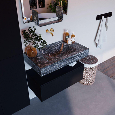 Mondiaz ALAN-DLUX Ensemble de meuble - 80cm - meuble - Urban mat - 1 tiroir - Lavabo Cloud Lava suspendu - vasque Centre - 0 trous de robinet - Noir