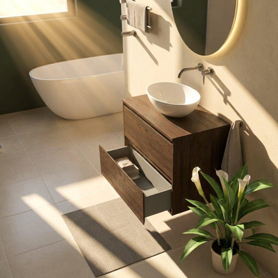 Saniclass Holz Pure Ensemble de meubles de salle de bains - 80x45x62cm - plan de travail en bois - sans trou de robinet - 2 tiroirs - chêne charcoal mat (bois)