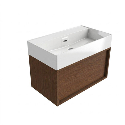 Saniclass Holz Frame Ensemble de meuble de salle de bains - 80x45x52cm - Legend lavabo en céramique blanc - 1 vasque - sans trou de robinetterie - 1 tiroir - walnut pure mat (bois)
