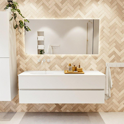 MONDIAZ VICA meuble sous lavabo 150cm Talc 2 tiroirs. Lavabo MOON gauche sans trou de robinet, couleur Talc.