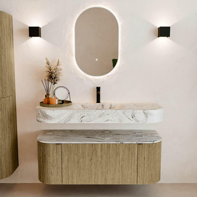 MONDIAZ THOR-DLUX 120cm meuble de salle de bains arrondi gauche + droite couleur Dusk avec 1 tiroir et 2 portes. Vasque suspendue CLOUD Milieu 1 trou de robinet couleur Glace.