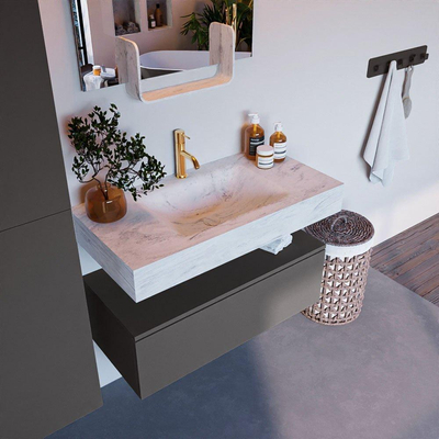 Mondiaz ALAN-DLUX Ensemble de meuble - 90cm - meuble Dark grey mat - 1 tiroir - Lavabo Cloud Opalo suspendu - vasque Centre - 1 trou de robinet