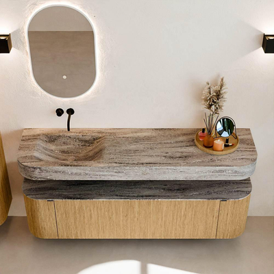 MONDIAZ THOR-DLUX 170cm badmeubel ronding links + rechts kleur Oak met 1 lade en 2 deuren. Vrijhangende wastafel CLOUD Links zonder kraangat kleur Oza.