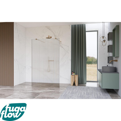 FugaFlow Eccelente Vetro Vrijstaande inloopdouche badkamer - 110x200cm - Helder geribbeld - antikalk - 8mm veiligheidsglas - met wandarmen - Koper geborsteld -
