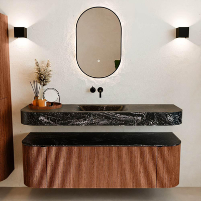 MONDIAZ THOR-DLUX 150cm meuble de salle de bains arrondi gauche + droite couleur Ruby avec 1 tiroir et 2 portes. Vasque suspendue CLOUD Milieu sans trou de robinet couleur Lava.