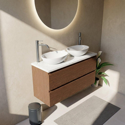 Saniclass Holz Pure Ensemble de meubles de salle de bains - 120x45x63cm - Plan vasque en marbre Dia poli (blanc) - 2 trous de robinet - 4 tiroirs - walnut pure mat (bois)