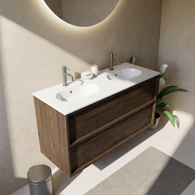 Saniclass Holz Frame Ensemble meuble de salle de bains - 120x45x74cm - lavabo Chaci en céramique blanc - 2 vasques - 2 trous de robinetterie - 2 tiroirs - chêne charcoal mat (bois)
