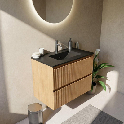 Saniclass Holz Atelier Ensemble meuble de salle de bains - 80x45x62cm - Lavabo Vygo en céramique noir - 1 vasque - 1 trou de robinet - 2 tiroirs - chêne natural mat (bois)