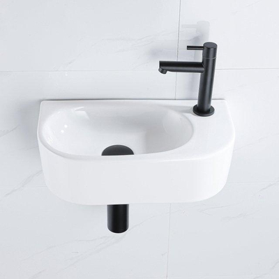 Fugaflow Efficiente Pietra Fonteinset - 40x21.5x12cm - rechts - glad - halfrond - 1 kraangat - keramiek - fonteinkraan zwart mat - afvoerplug - verlaagd sifon - wit glans
