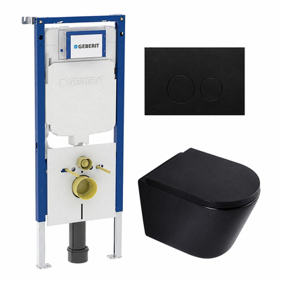 QeramiQ Dely Toiletset - 36.3x51.7cm - diepspoel - rimless - Geberit UP720 inbouwreservoir - softclose toilet zitting - 35mm - kunststof mat zwarte bedieningsplaat - ronde knoppen - mat zwart