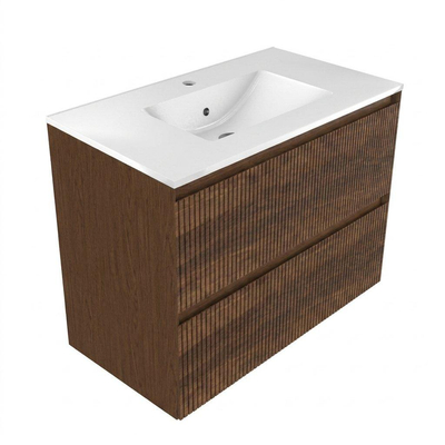 Saniclass Holz Atelier Ensemble de meubles de salle de bains - 80x45x62cm - Vasque Vygo en céramique blanche - 1 vasque - 1 trou de robinet - 2 tiroirs - walnut pure mat (bois)