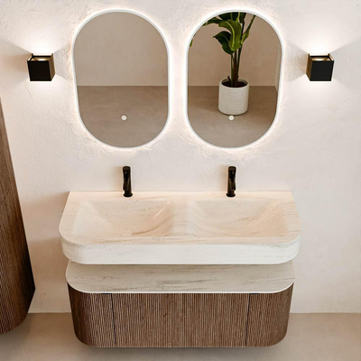 MONDIAZ THOR-DLUX 120cm badmeubel ronding links + rechts kleur Walnut met 1 lade en 2 deuren. Vrijhangende wastafel CLOUD Dubbel 2 kraangaten kleur Meli.