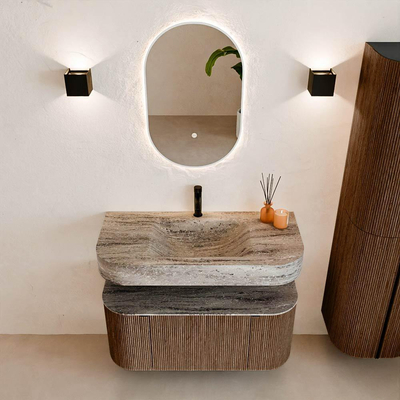 MONDIAZ THOR-DLUX 100cm badmeubel ronding links + rechts kleur Walnut met 1 lade en 2 deuren. Vrijhangende wastafel CLOUD Midden 1 kraangat kleur Oza.