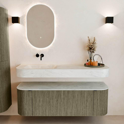 MONDIAZ THOR-DLUX 140cm meuble de salle de bains arrondi gauche + droite couleur Shadow avec 1 tiroir et 2 portes. Vasque suspendue CLOUD Gauche sans trou de robinet couleur Opalo.