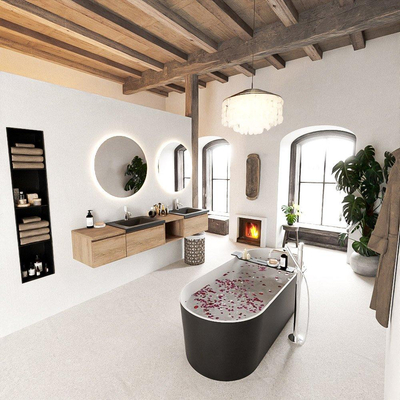 MONDIAZ BUKLA 200cm ensemble de meuble avec module ouvert 40 à droite couleur Chêne blanchi avec 3 tiroirs. Lavabo CLOUD double 2 trous de robinet couleur Urbain.