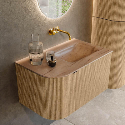 MONDIAZ KURVE-DLUX Meuble de salle de bains 75cm arrondi à gauche couleur Oak avec 1 tiroir et 1 porte. Lavabo GRUNNE à droite sans trou de robinet Saba.