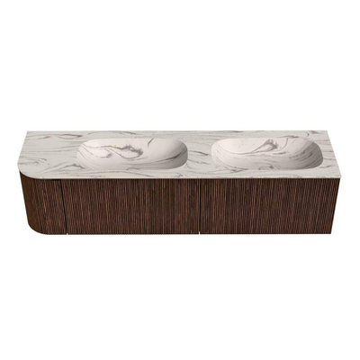 MONDIAZ KURVE-DLUX Meuble de salle de bains 175cm arrondi à gauche couleur Walnut avec 2 tiroirs et 1 porte. Lavabo STOR SMALL Double / Droite 2 trous de robinet Nata.