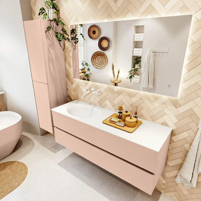 Mondiaz VICA ensemble de meuble de salle de bain - 140cm - meuble sous-vasque rosee - 2 tiroirs - lavabo moon gauche - sans trous de robinet - version haute de 60cm - talc