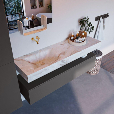Mondiaz ALAN-DLUX Ensemble de meuble - 150cm - meuble Dark grey mat - 1 tiroir - Lavabo Cloud Frappe suspendu - vasque Gauche - 0 trous de robinet