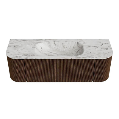 MONDIAZ KURVE-DLUX 140cm badmeubel met module 25 Len R kleur Walnut met 1 lade en 2 deuren. Wastafel BIG SMALL midden 1 kraangat kleur Glace.