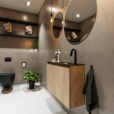 MONDIAZ TURE Fonteinset - 80x23x50cm - 1 kraangat - 2 deuren - washed oak mat - Wasbak rechts - Solid Surface Zwart