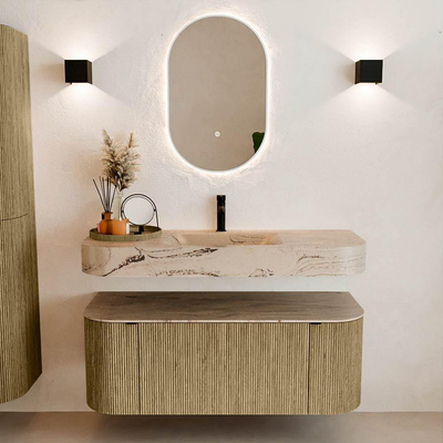 MONDIAZ THOR-DLUX 120cm meuble de salle de bains arrondi gauche + droite couleur Dusk avec 1 tiroir et 2 portes. Vasque suspendue CLOUD Milieu 1 trou de robinet couleur Arena.