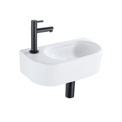 QeramiQ Fuente Fonteinset - 40x21.5x12cm - links - glad - halfrond - 1 kraangat - keramiek - fonteinkraan zwart mat - afvoerplug - verlaagd sifon - wit glans