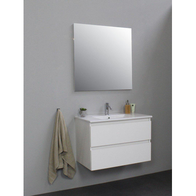 Basic Bella Meuble lavabo céramique avec 1 trou de robinet avec miroir 80x55x46cm Flat Pack Blanc haute-brillance