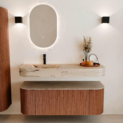 MONDIAZ THOR-DLUX 130cm meuble de salle de bains arrondi gauche + droite couleur Ruby avec 1 tiroir et 2 portes. Vasque suspendue CLOUD Gauche 1 trou de robinet couleur Arena.