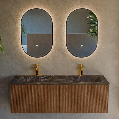 MONDIAZ KURVE-DLUX 130cm Meuble salle de bain - couleur Walnut - 2 tiroirs - vasque LEAF double - 2 trous de robinet - couleur Lava