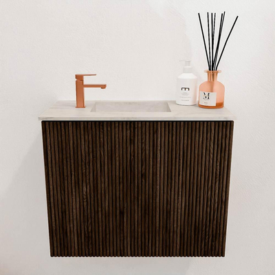 Mondiaz JOYA-DLUX 50cm toiletmeubel - kleur Walnut - Wastafel FAYE positie Links 1 kraangat kleur Ostra.