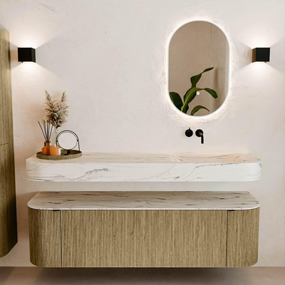 MONDIAZ THOR-DLUX 160cm meuble de salle de bains arrondi gauche + droite couleur Dusk avec 1 tiroir et 2 portes. Vasque suspendue CLOUD Droite sans trou de robinet couleur Nata.