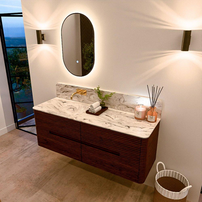Mondiaz CIRO-DLUX Ensemble de meubles de salle de bains - 140x45x50cm - Plan vasque solid surface Glace - 1 lavabo à gauche - sans trous de robinet - 4 tiroirs - Ruby