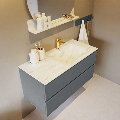 Mondiaz VICA-DLUX ensemble de meuble de salle de bain - 100cm - meuble sous-vasque plata - 2 tiroirs - lavabo encastrée cloud droite - 1 trou de robinet - version haute de 60cm - opalo