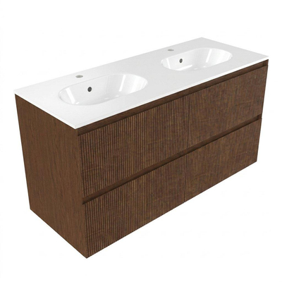 Saniclass Holz Atelier Ensemble de meubles de salle de bains - 120x45x74cm - lavabo Chaci en céramique blanc - 2 vasques - 2 trous de robinetterie - 2 tiroirs - walnut pure mat (bois)