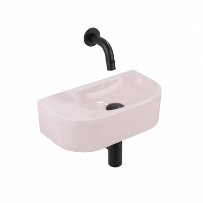 QeramiQ Fuente Lavabo pour WC - 40x22x12 cm - lisse - demi-rond - sans trou de robinet de Lavabo pour WC - ceramique - robinet de Lavabo pour WC noir mat - siphon bas - bonde - lin