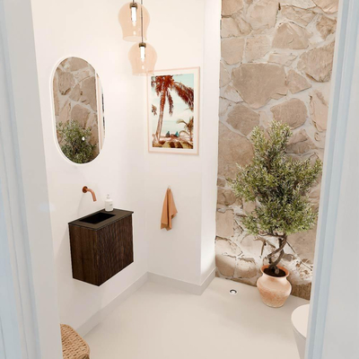 Mondiaz JOYA 40cm toiletmeubel - kleur Walnut - Wastafel FAYE positie Links Zonder kraangat kleur Urban.