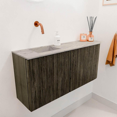 Mondiaz JOYA-DLUX 91.6cm meuble de toilette - arrondi droit couleur Shadow - Vasque FAYE position Gauche Sans trou de robinet couleur Glace.