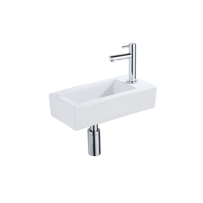 QeramiQ Fontein Fonteinset - 37.5x18.5x9cm - céramique - trou de robinet à droite - robinet lave-mains chrome - bonde de vidage - siphon abaissé - Blanc brillant