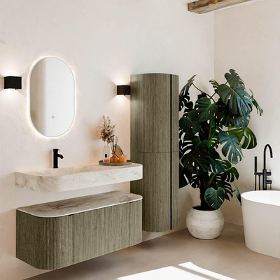 MONDIAZ THOR-DLUX 110cm meuble de salle de bains arrondi gauche + droite couleur Shadow avec 1 tiroir et 2 portes. Vasque suspendue CLOUD Gauche 1 trou de robinet couleur Frappe.