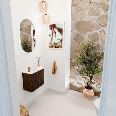 Mondiaz JOYA 51.6cm toiletmeubel - ronding rechts kleur Walnut - Wastafel FAYE positie Links 1 kraangat kleur Talc.