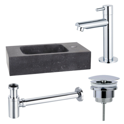 FortiFura Fuente Pack Lave-mains - 40x22x9cm - 1 trou de robinet - pierre naturelle - robinet Chrome - Noir