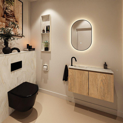 MONDIAZ TURE-DLUX Meuble toilette - 80cm - Washed Oak - EDEN - vasque Ostra - position gauche - 1 trou de robinet