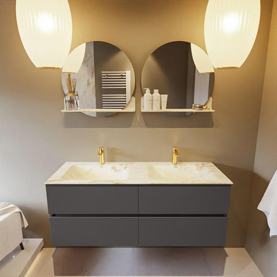 Mondiaz VICA-DLUX Ensemble de meuble de salle de bain - 130cm - meuble sous-vasque gris foncé - 4 tiroirs - lavabo encastré cloud double - 2 trous de robinet - version haute de 60cm - frape