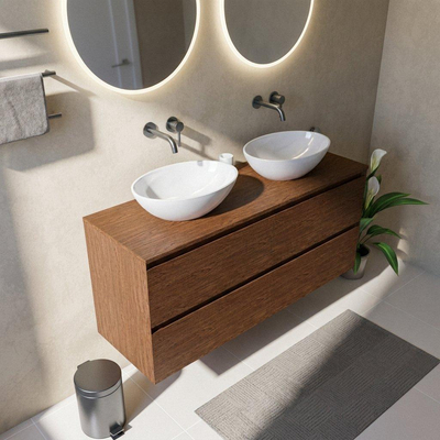 Saniclass Holz Pure Ensemble meuble de salle de bains - 140x45x62cm - plan de travail en bois - sans trou de robinetterie - 4 tiroirs - walnut pure mat (bois)