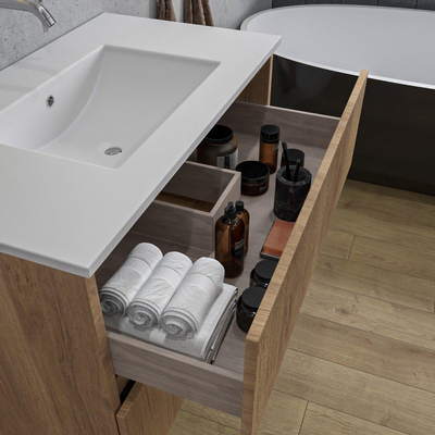 Adema Chaci Ensemble de meuble - 80x46x55cm - 1 vasque en céramique blanche - sans trou de robinet - 2 tiroirs - armoire de toilette - cannelle
