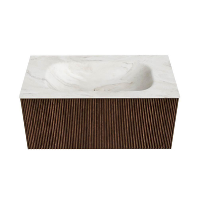 MONDIAZ KURVE-DLUX Meuble de salle de bains 90 cm couleur Walnut avec 1 tiroir. Vasque BIG SMALL centrale 1 trou de robinet couleur Ostra.