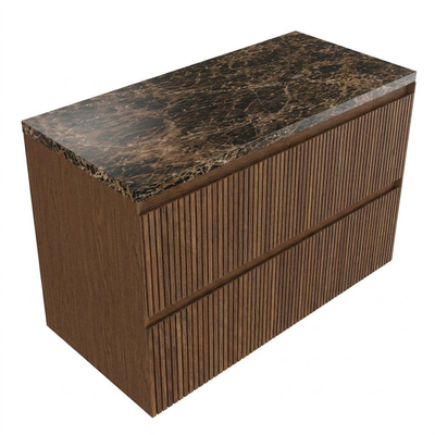 Saniclass Holz Atelier Ensemble de meubles de salle de bains - 100x45x63cm - plan de travail en pierre naturelle Noche Dark Emperador - sans trou de robinet - 2 tiroirs - noyer pur mat (bois)